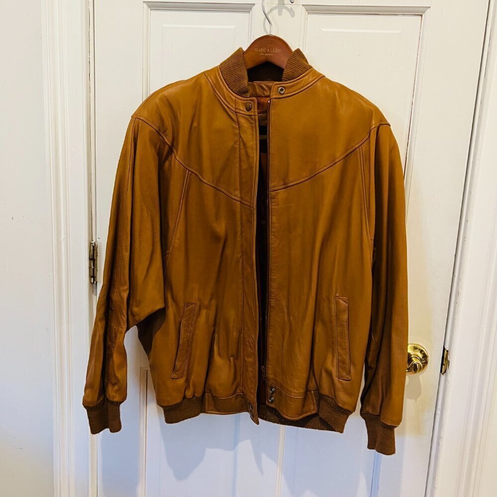 Vintage 80s 90s ETIENNE AIGNER Womens L Leather Bomber Jacket Cognac Brown 12 - Picture 12 of 16